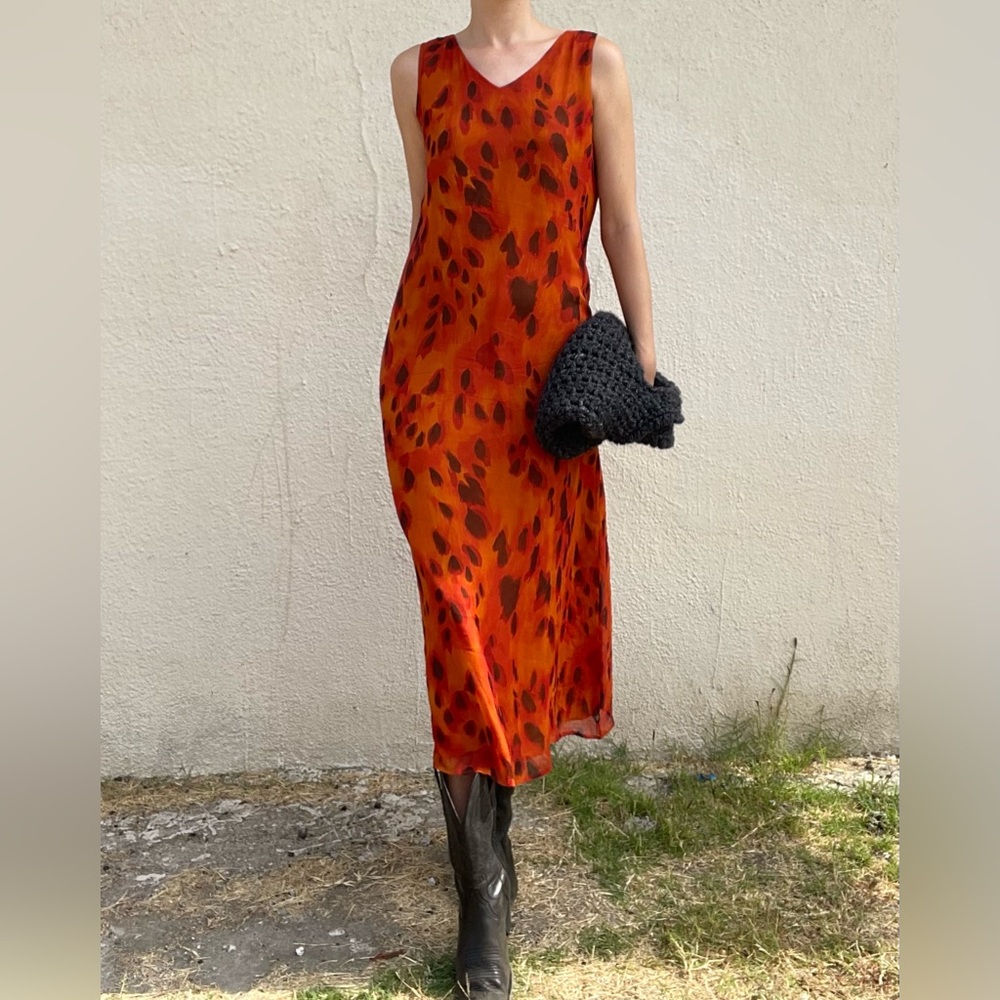 Vintage silk slip dress, red/orange animal print size S/M